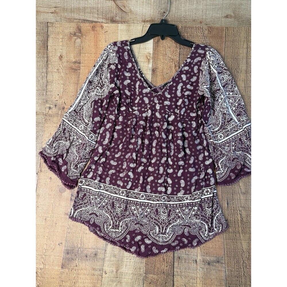 Alloy Apparel M Paisley Bandana Blouse Bell Sleeve Burgundy Boho Western Y2K